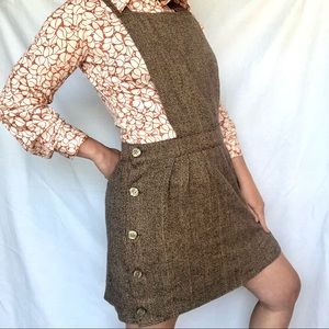 Vintage 70s Brown Tweed Apron Front Pinafore Mini Dress
